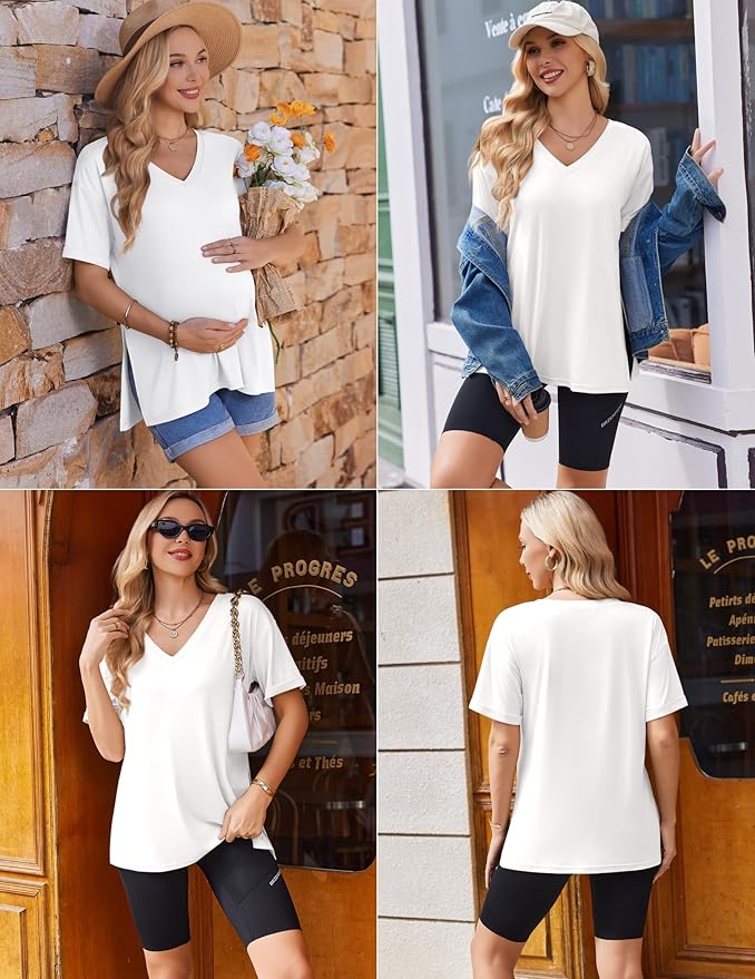 Ekouaer 3 Packs Women's Maternity Shirts V Neck Pregnancy Tops Short Sleeve Casual Workout Tees Side Split Mama Clothes