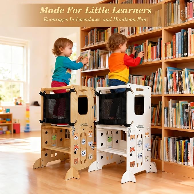 4-in-1 Toddler Kitchen Stool Helper, CPC Certified Foldable Toddler Tower, Learning Wooden Tower with Support Feet and Chalkboard, Anti-Drop Structure, Safe Design for Kids, White