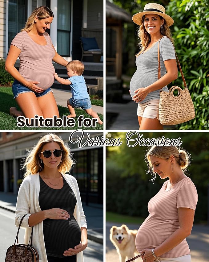 Neer 3 Pack Women's Ribbed Maternity Tops Pregnancy Round Neck Shirts Short Sleeve Soft Maternity Clothes for Mama