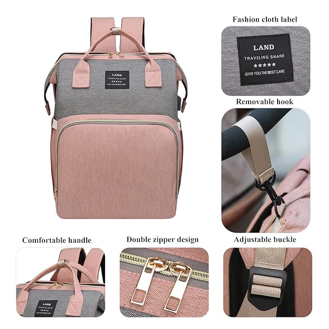 Baby Diaper Bags with Changing Station,Waterproof Diaper Bag Backpack for Moms Dads with USB Charging Port,Large Capacity Multifunctional Baby Essentials(Pink-Grey)