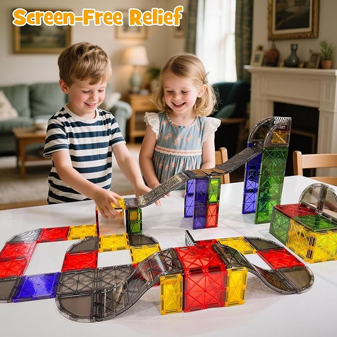 2-in-1 Dynamic Magnetic Downhill & Race Track Set - 40PCS Expandable Magnetic Tiles with Car for Creative STEM Play The Ultimate Travel Toy & Gift for Kids Ages 3-8