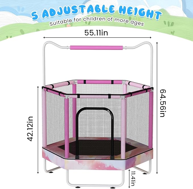 LAMERGE 55" 7-in-1 Round Trampoline for Kids Boys & Girls Ages 1-8, Indoor & Outdoor Trampoline for Fun, Adjustable Height Handrail ＆ Enclosed Safety Net ＆ Durable Designs for Toddlers Children