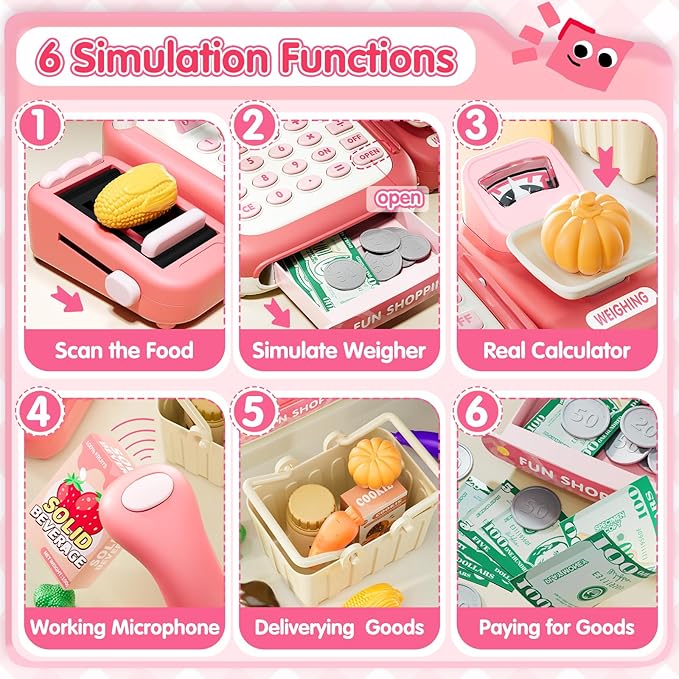 49Pcs Toy Cash Register with Scanner, Pretend Play Grocery Store Set with Real Calculator, Microphone, STEM Educational Supermarket Toys Gift for Boys Girls Kids Toddlers 3 4 5 6 7 8 (Pink)