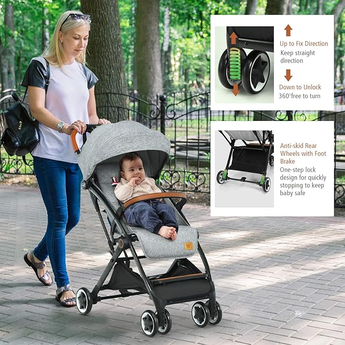 BABY JOY Lightweight Baby Stroller, Compact Toddler Travel Stroller for Airplane with 5-Point Harness, Adjustable Backrest/Footrest/Canopy, Storage Basket, Easy One-Hand Fold, Gray
