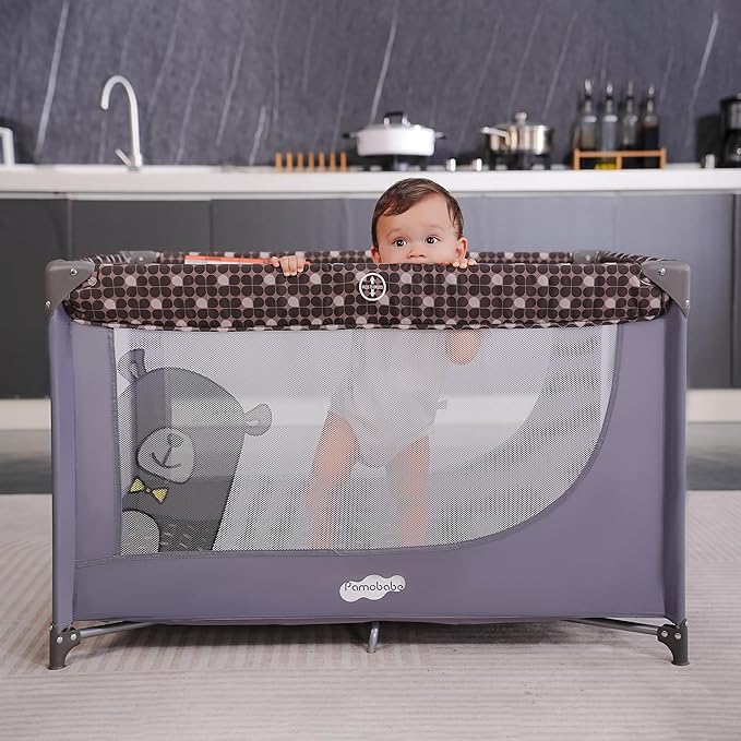 Pamo Babe Compact Pack and Play - Portable Crib for Baby, Lightweight Foldable Travel Playard with Mattress Pad & Carry Bag, Safe Breathable Travel Bed for Home, Trips & Family Visits, Cute Pattern