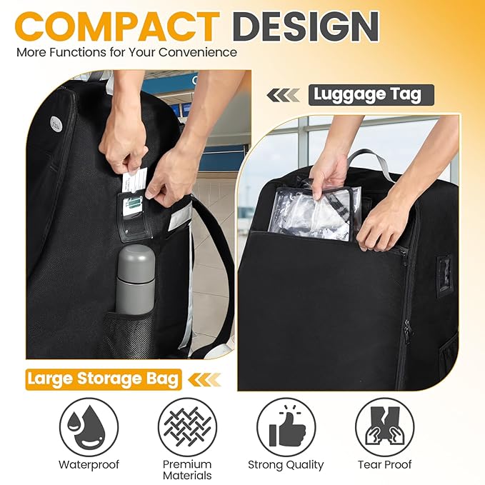 Orzbow Padded Car Seat Travel Bag for Airplane, Carseat Backpack Bags with Reflective Stripes, Infant Seat Travel Bag with Shoulder & Waist Strap, Car Seats Carrier for Airport Gate Check, Black
