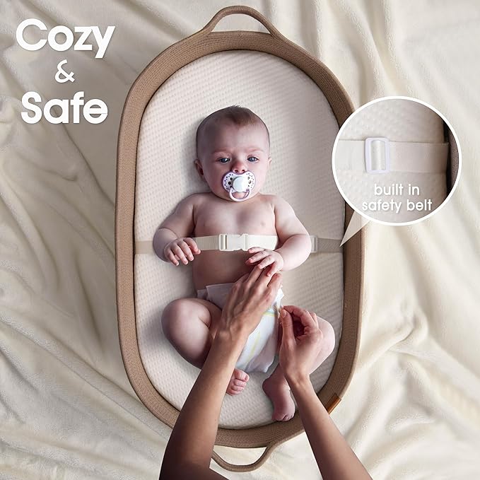 Baby Changing Basket Includes Diaper Caddy - Soft & Waterproof Dual-Cover, Portable, Changing Pad for Dresser & Changing Table, Gift for Baby Shower, Organic Cotton Rope