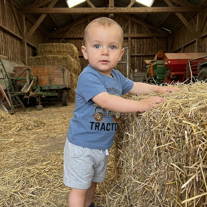 Toddler Baby Boy Clothes Summer Short Sleeve Trucks Tractors Print T-Shirt Tops Solid Color Shorts Set Casual Outfit