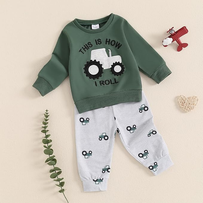 Toddler Baby Boy Fall Winter Outfits Tractor Print Long Sleeve Sweatshirt Pants Set Kids Sweatsuit Clothes
