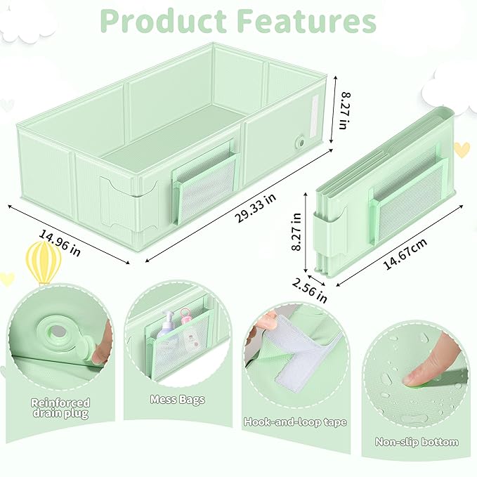 Baby Bathtub, Collapsible & Portable Bathtub with Cat-Patterned Bath Rinse Cup,Foldable Bath Tub for Small Bathroom,Toddler Tub for 6M-5Y,Baby Travel Essentials for Hotel,Camping & Beach