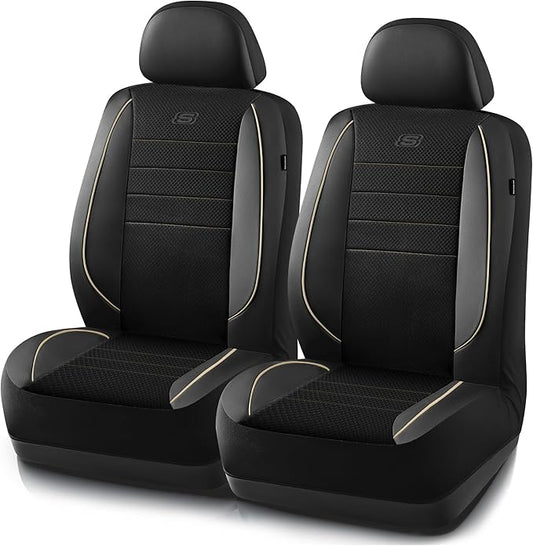 Skechers Air-Cooled Memory Foam Seat Cover, Mesh Thick Car Seat Covers,Piping Leather Car Seat Covers Front Seats, Airbag Compatible, Automotive Comfort for Most Cars, Vans, Trucks, SUV, Beige