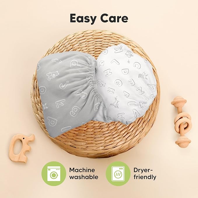 Pack and Play Sheets Fitted - 2-Pack Mini Crib Sheets for Pack N Play Mattress 38x26, Soft & Cozy, Neutral Toddler Playard Bedding, Snug Fitted Mini Baby Crib Mattress Cover Boy, Girl (ABC Land)