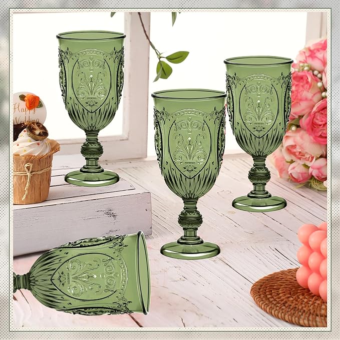48 Pcs Plastic Goblets 7.5oz Vintage Goblet Plastic Wine Glasses Colored Retro Embossed Water Goblets for Wine Bar Juice Baby Shower Wedding Reception Grand Event Party (Olive Green)