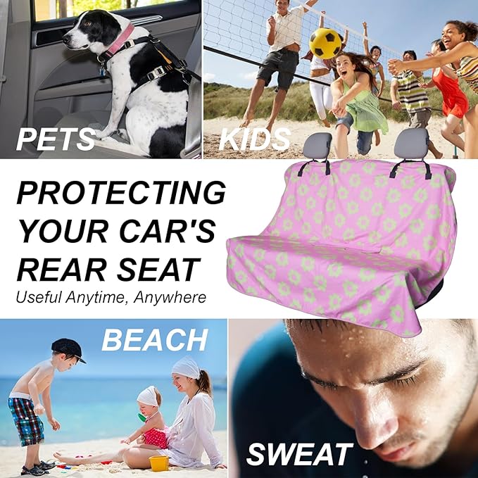 Back Seat Cover Protector for Dogs and Kids, Universal Waterproof Towel Rear Bench Seat Cover for Car, Truck, Van & SUV, Machine-Washable Backseat Car Covers (Pink Flower, 1pcs Rear Seat)