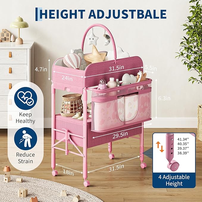 GarveeHome Baby Changing Table with Storage, Portable Foldable Diaper Changing Station with 2 Storage Baskets, Height Adjustable Waterproof Changing Table for Infant and Newborn