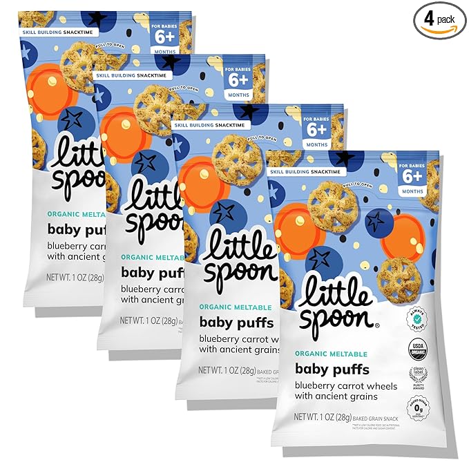 Little Spoon Blueberry Carrot Meltable Baby Wheels, Organic Corn, Quinoa & Sorghum, No Added Sugar Snacks, Encourages Self-Feeding, 1 Oz Bag, 4 Pack