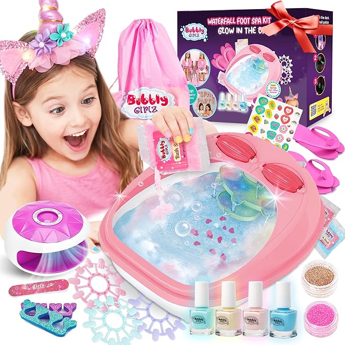 Glow in Dark Kids Spa Day Kit for Girls, 42+ Pieces Waterfall Foot Spa Toys, Nail Spa Kit, Pedicure Manicure Accessories, Perfect Spa Kit for Girls Ages 6 7 8 9 10 11 12, Fun Birthday Gifts or Present