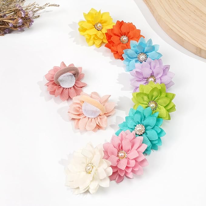 40Pcs Baby Chiffon Flower Hair Ties for Toddler Girls - 2.2 Inch Handmade Pearl Rhinestone Chiffon Flower Soft Elastics Ponytail Holders for Newborns to Kids
