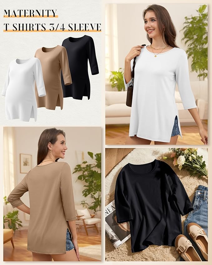 3 Pack Women's 3/4 Sleeve Maternity Shirts Elbow Length Clothes Round Neck Tunics Pregnancy Loose Side Split Tops