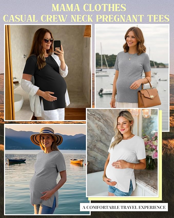 Ficerd 3 Pack Women's Maternity T Shirts, Short Sleeve Side Split Pregnancy Tops Casual Crew Neck Pregnant Tees Mama Clothes