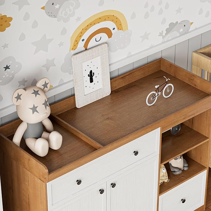 Wide Baby Changing Table Dresser with 2 Doors, 2 Different Size Drawers &Storage Cubbies, Durable Wood Construction, Built-in Shelves of Ample Storage for Nursery (White& Natural Wood)