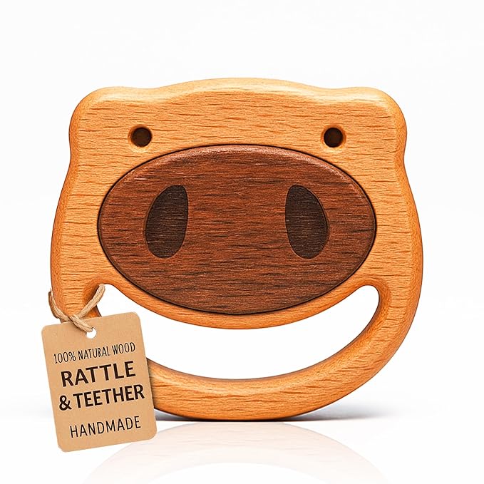 HippoToys Wooden Baby Rattle for 0 to 12 Months | No Paint, No Plastic, No Toxins | Montessori Inspired Natural Baby Toy | Calm Muted Sound | 100 Percent Natural Beechwood | Ideal for Baby Gifting