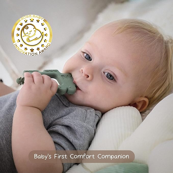 Moonkie Teething Toy, Safe & Easy to Hold BPA Free Silicone Baby Soothing Teethers, Prevent Finger Sucking Teether Toys Best for Babies 0-6 6-12 Months (Crocodile Misty Purple)