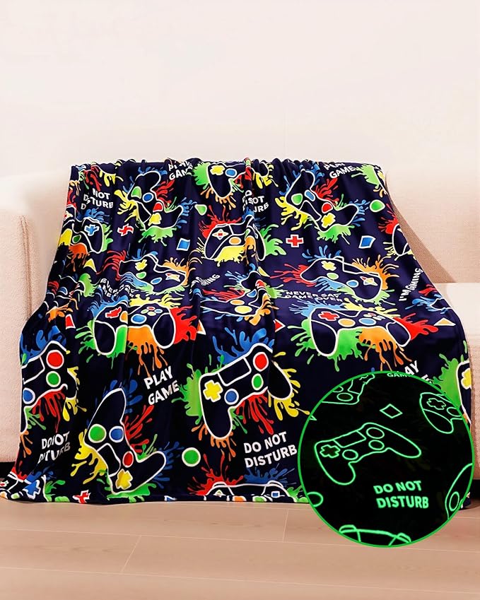 Gaming Gifts for Gamer Glow in The Dark Blanket: Cool Birthday Glowing Presents Toys for Video Game PC Gamers Men Teen Boys Kids Adults Girls Valentines Easter Christmas Ideas Throw Navy Blue 60x50 In