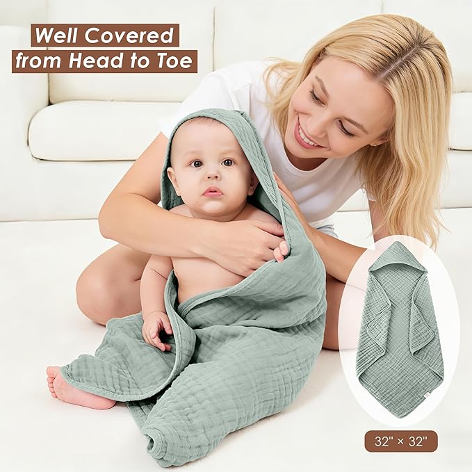 3-Pack Muslin Hooded Baby Towels, 100% Cotton, Ultra-Soft & Absorbent Baby Bath Towels with Hood for Babies, Infant, Toddler and Newbron (Emerald Series,32" x 32")