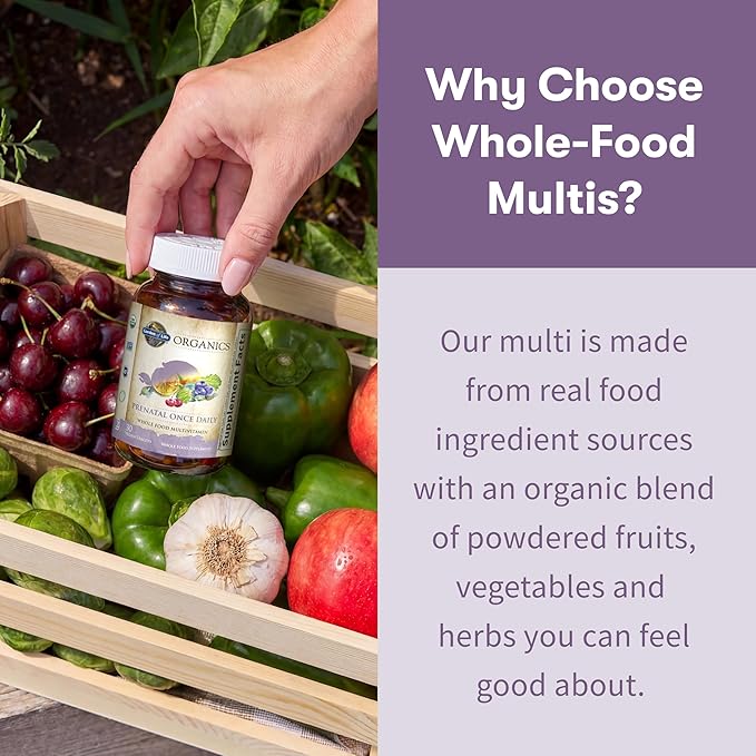 Garden of Life Organics Prenatal Vitamin: Folate for Energy & Healthy Fetal Development, Non-constipating Iron, Vitamin C, B6, B12, D3 – Organic, Non-GMO, Gluten-Free, Vegan, 30 Day Supply