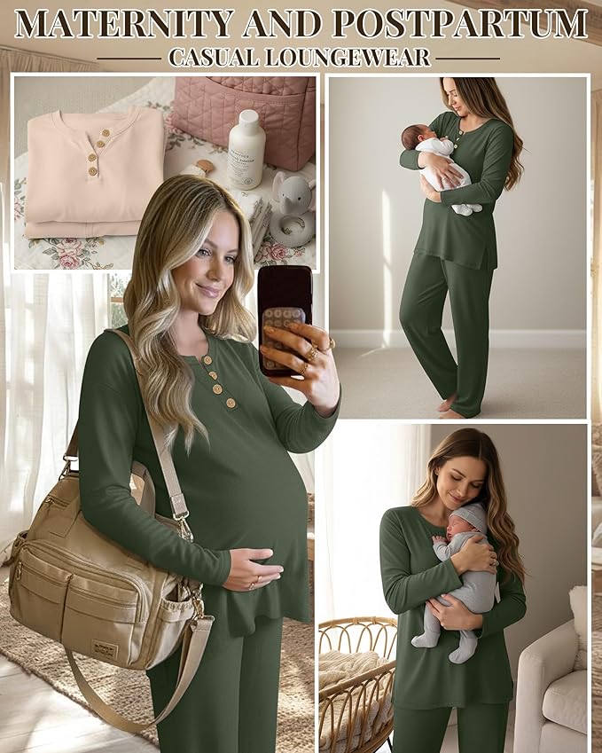 2 Piece Thermal Maternity Lounge Set Postpartum Pregnancy Fleece Loungewear Long Sleeve Top and Wide Leg Pant