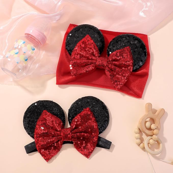 choicbaby Baby Girl Headbands Mouse Ears Headwrap with Sequin Polka Dot Bow Soft Stretchy Nylon Hair Bands for Newborn Infant Baby Toddler Girls- Pack of 2
