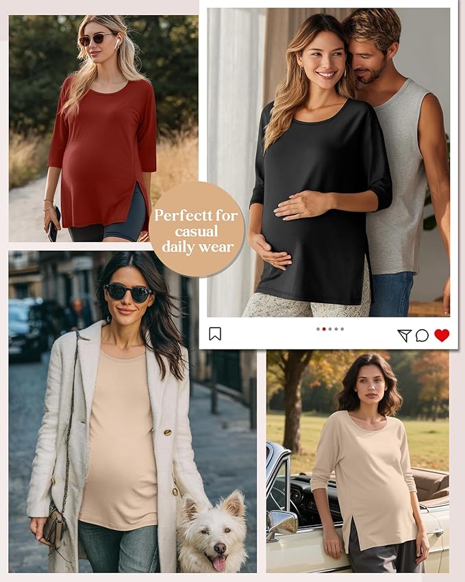 3 Pack Women's 3/4 Sleeve Maternity Shirts Elbow Length Clothes Round Neck Tunics Pregnancy Loose Side Split Tops
