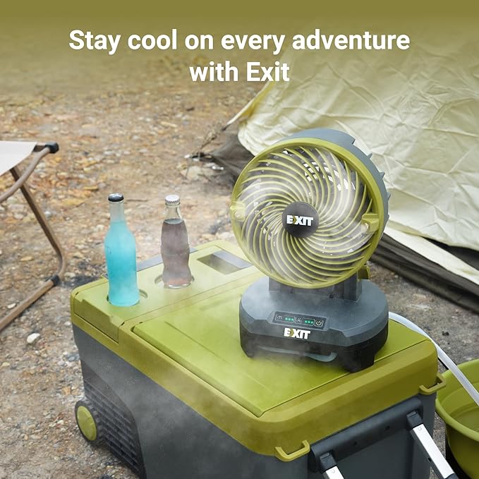 EXIT 20V Portable Outdoor Misting Fan EX022, Battery Powered with 3 Speed & 3 Mist Settings, Bucket Top Fan for Outside Camping, Tailgating, Beach, Includes Replaceable 2.0 Ah Battery