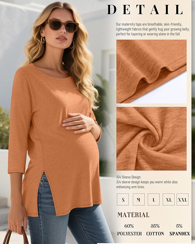 3 Pack Women's 3/4 Sleeve Maternity Shirts Elbow Length Clothes Round Neck Tunics Pregnancy Loose Side Split Tops