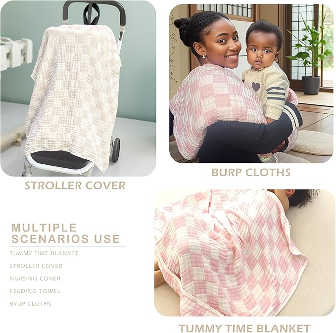 Ultra Soft Checkered Muslin Hooded Baby Towels for Newborn Boys and Girls 2 Pack 32x32 inch Cotton Muslin Baby Bath Towels for Newborns Toddlers,Newborn Essential (Cream and Pink)