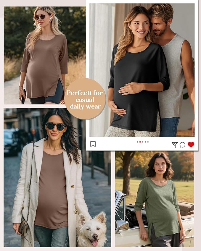 3 Pack Women's 3/4 Sleeve Maternity Shirts Elbow Length Clothes Round Neck Tunics Pregnancy Loose Side Split Tops