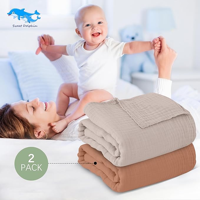 SWEET DOLPHIN Muslin Baby Bath Towels Blanket - 2 Pack 100% Cotton Towel for Babies, Infants, Toddlers - 40x40Inch - Highly Absorbent, Light Bean Paste