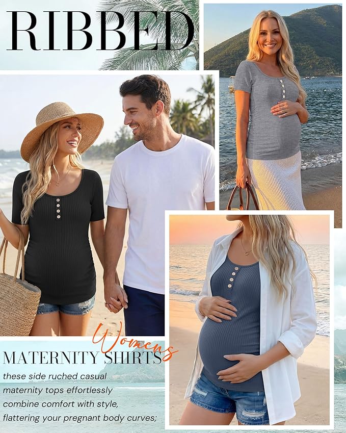 4 Pack Womens Maternity Shirts Scoop Neck Cotton Short Sleeve Ribbed Pregnancy Top Henley Side Ruched Mama Clothes