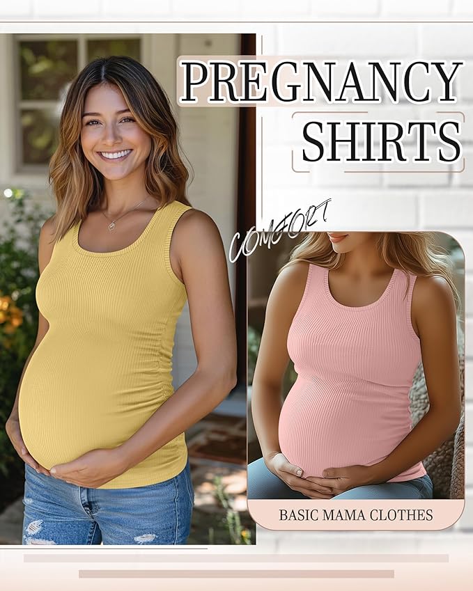 Riyiper 3 Pack Women's Maternity Tank Tops, Sleeveless Cotton Pregnancy Shirts Ribbed Knit Sides Ruched Basic Mama Clothes