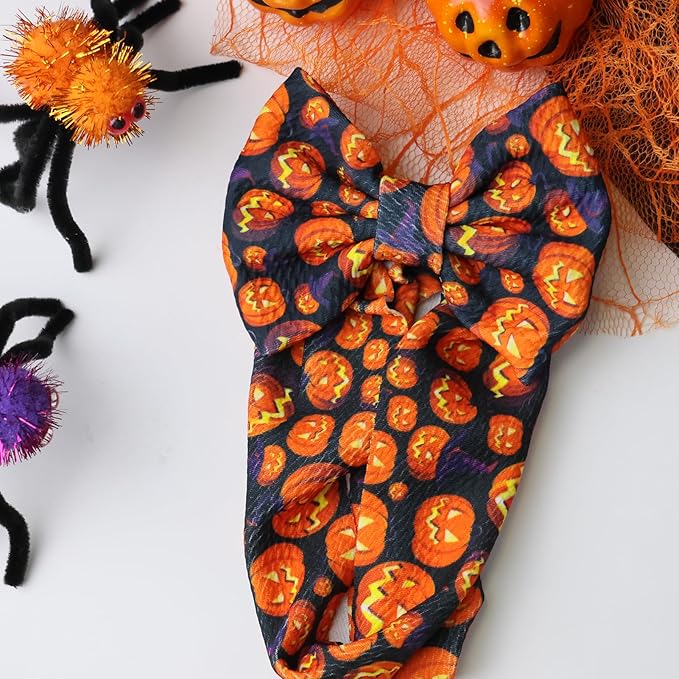 Halloween Baby Girls Headbands Pumpkin Printed Bow Wide Headbands Halloween Handmade Hairbands Hair Accessories Gift for Newborn Infant Toddlers Kids
