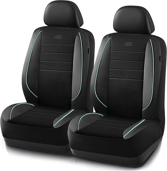 Skechers Air-Cooled Memory Foam Seat Covers,Mesh Thick Car Seat Covers,Piping Leather Car Seat Covers Front Seats,Airbag Compatible,Automotive Comfort for Most Cars,Vans,Trucks,SUV(Mint,Two Front)