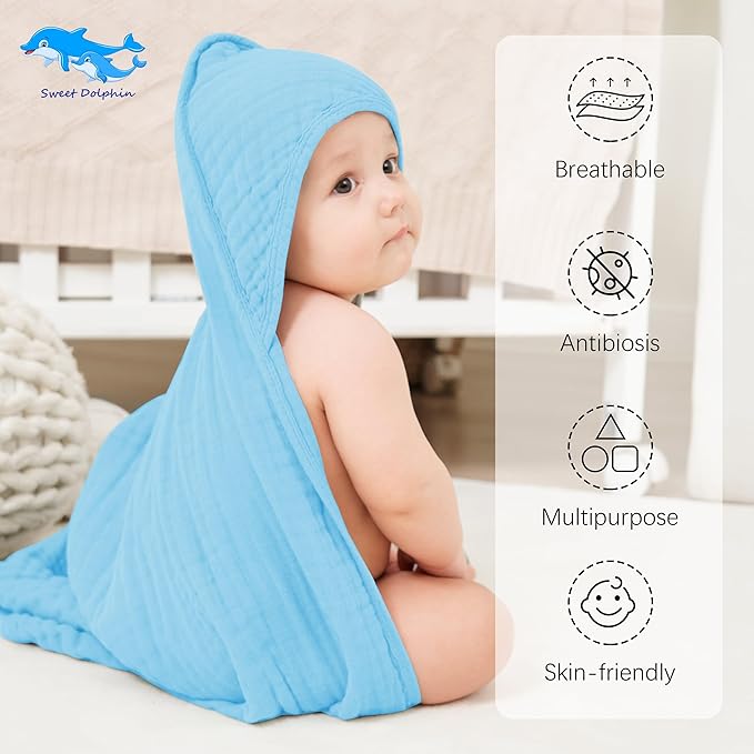 SWEET DOLPHIN Muslin Hooded Baby Bath Towels - 2 Pack 100% Cotton Towel for Babies, Infants, Toddlers - 32x32Inch - Highly Absorbent and Newborn Essential, Blue