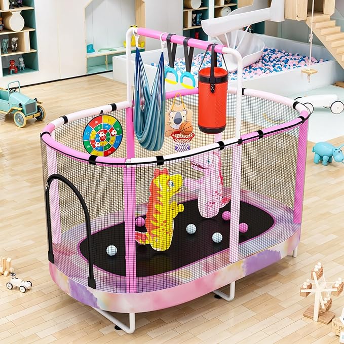 LAMERGE 55" 7-in-1 Round Trampoline for Kids Boys & Girls Ages 1-8, Indoor & Outdoor Trampoline for Fun, Adjustable Height Handrail ＆ Enclosed Safety Net ＆ Durable Designs for Toddlers Children