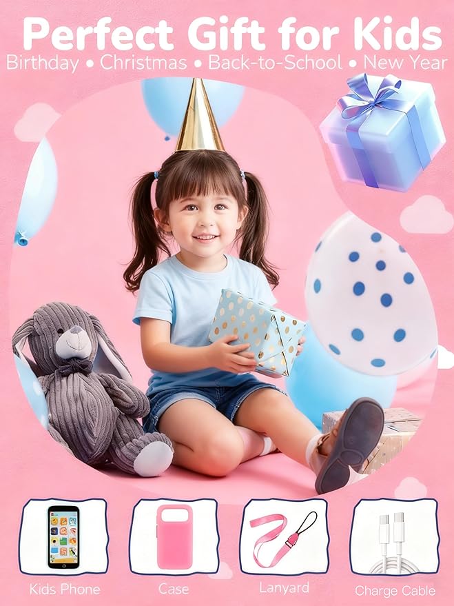 Kids Phone, Kids Smart Phone with 220+ Educational Games, 3.97" Touchscreen Learning Smart Phone Toy, 5MP Rear Camera, No SIM/Wi-Fi, Parental Controls, Rechargeable for Girls Ages 3–12
