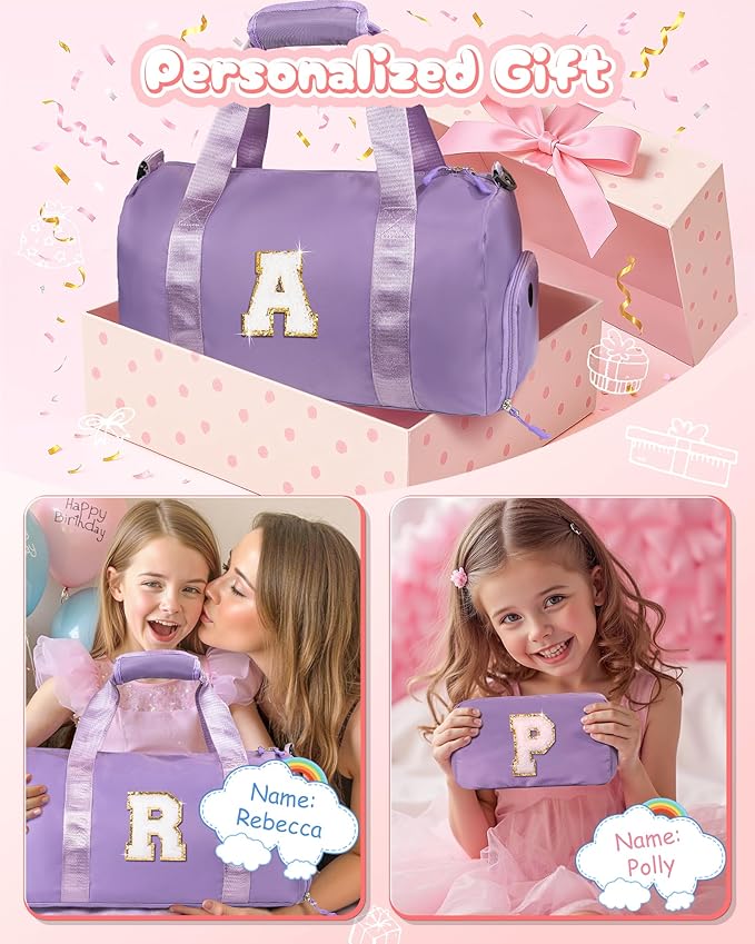 Gifts for 4 5 6 7 8 9 10 Year Old Girls-Girl Gym Bag with Shoe Compartment, Kid Personalized Weekender Overnight Bags, Initial Travel Tote with Makeup Pouch, Gift for Daughter (Letter G)
