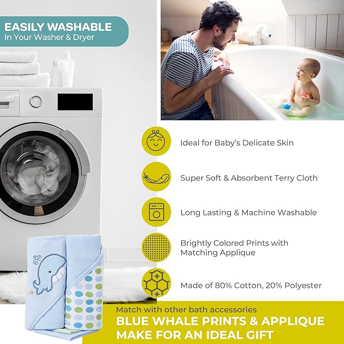 Spasilk Bath Hooded Towels & Washcloths Set for Babies, 2 Hooded Terry Bath Towels & 2 Washcloths, Blue Whale
