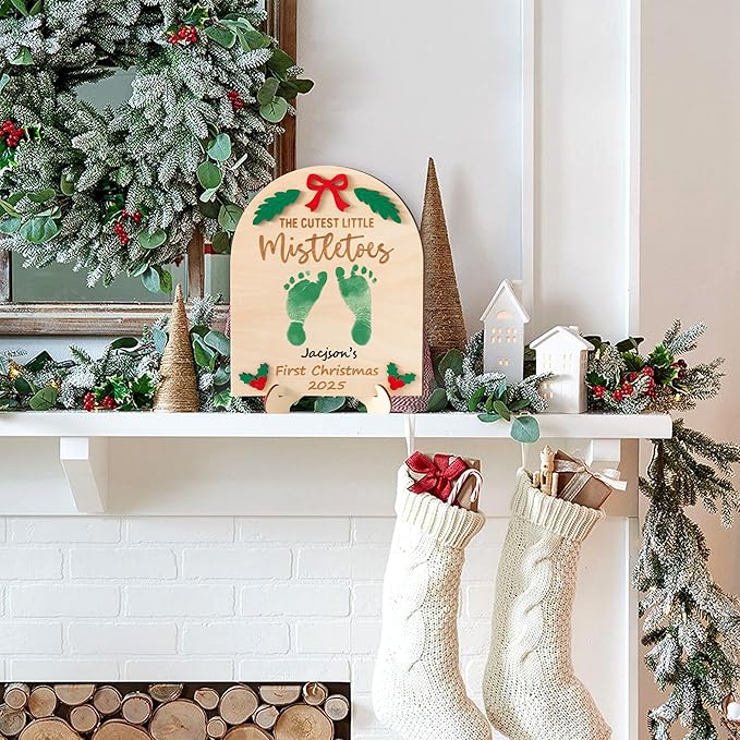R HORSE DIY Christmas Footprint or Handprint Art Sign with Ink Pad, 3D Mistletoe Newborn Milestone, Baby’s 1st Christmas Footprint Keepsake Craft Gift Little Mistletoe Baby Shower Nursery Decor
