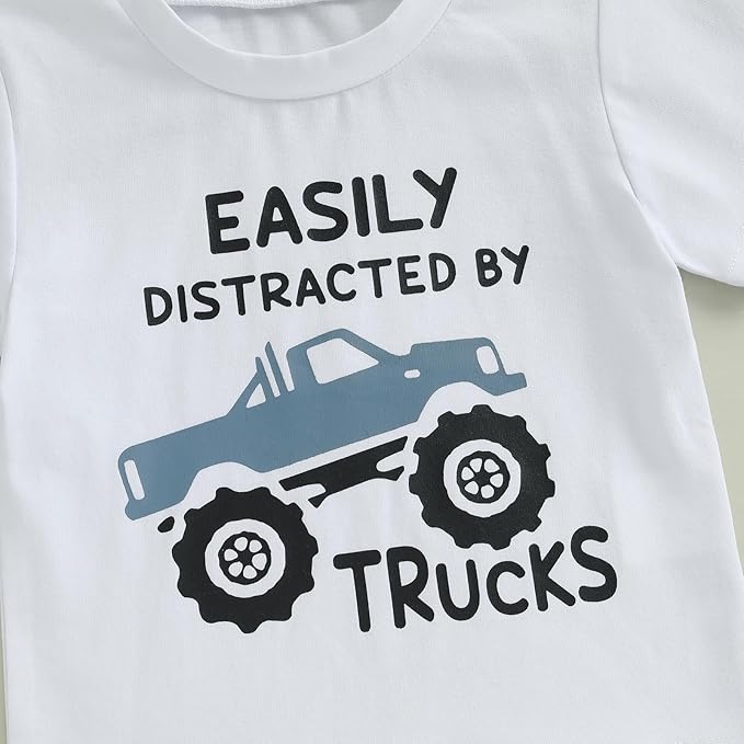 Toddler Baby Boy Clothes Summer Short Sleeve Trucks Tractors Print T-Shirt Tops Solid Color Shorts Set Casual Outfit