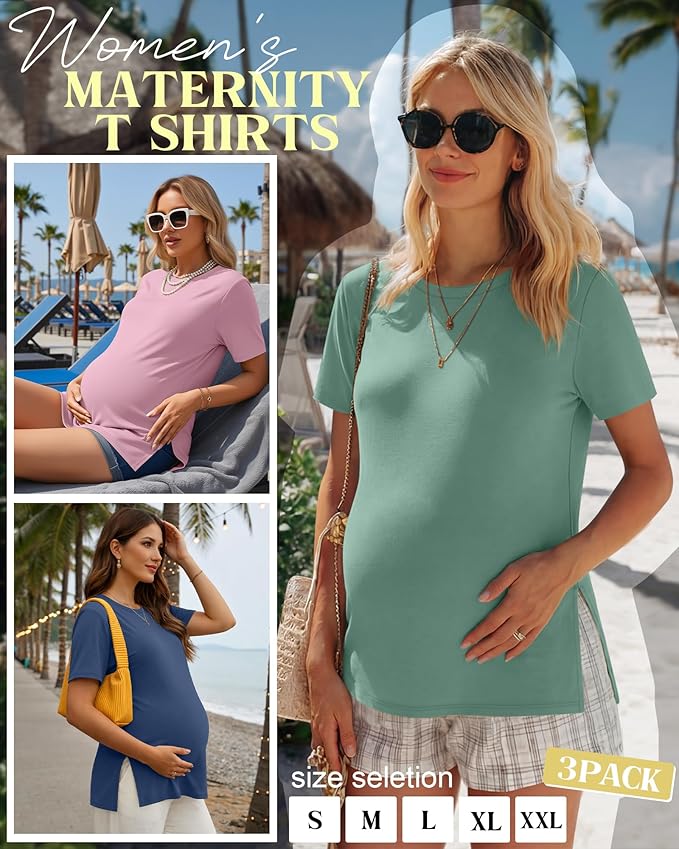 Ficerd 3 Pack Women's Maternity T Shirts, Short Sleeve Side Split Pregnancy Tops Casual Crew Neck Pregnant Tees Mama Clothes